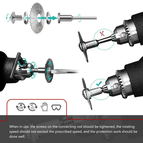 Installation guide for Ultimate 106Piece Cutting Discs Set For Rotary Tools And Grinders with connection tips and safety icons