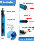 Resin polishing tools kit: blue USB rotary pen with bits and deburring tool; aluminum body, 3-speed LED indicators