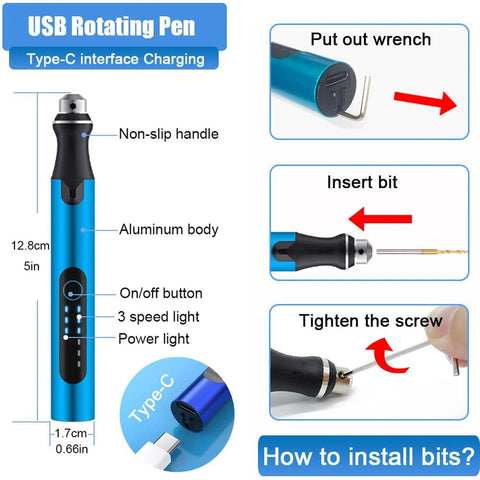 Resin polishing tools kit: blue USB rotary pen with bits and deburring tool; aluminum body, 3-speed LED indicators