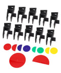 Pro Grade Cabinet Scribing Jig Set For DIY Woodworking Projects Great For Furniture Assembly And Installation With Sturdy ABS Plastic For Stable Precise Wall Floor And Ceiling Scribing On 15mm To 18mm Boards, showing multiple black jigs and colored discs.