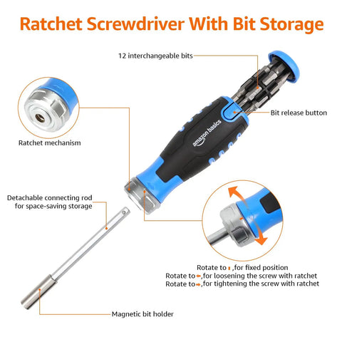 12-In-1 Magnetic Ratcheting Screwdriver Set With Bit Storage In Handle showing parts and functions in black blue silver finish.