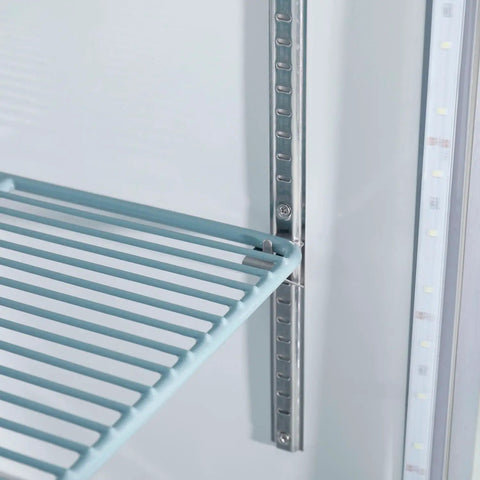 Heavy Duty Commercial Reach In Freezer With Dual Glass Doors And Rock Solid Stainless Build For Top Shelf Cold Storage And Easy Setup At Forty Seven Cubic Feet Capacity, close-up of PVC wire shelf.