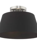 One Light Brushed Nickel Ceiling Mount Fixture With Black Accents, modern slick high-quality metal ceiling light front view