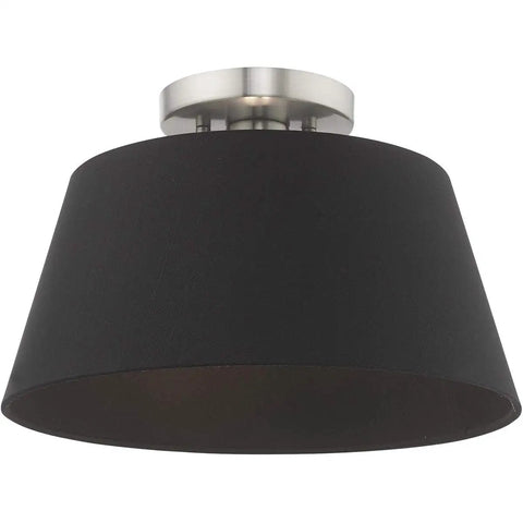 One Light Brushed Nickel Ceiling Mount Fixture With Black Accents, modern slick high-quality metal ceiling light front view