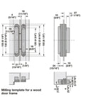 Diagram of Dope Hidden Door Hinge TE 240 For Unrebated Doors with measurements and milling template for wood door frame.