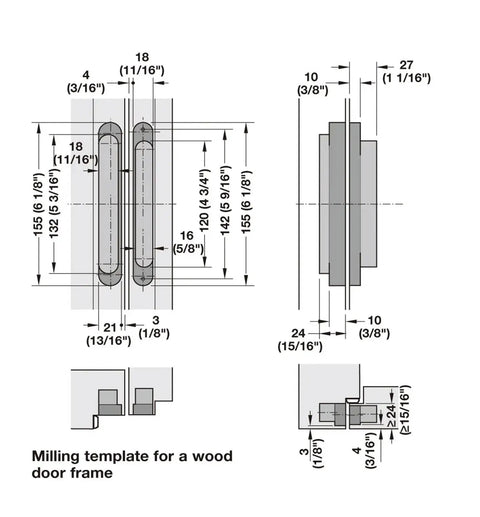 Diagram of Dope Hidden Door Hinge TE 240 For Unrebated Doors with measurements and milling template for wood door frame.