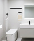 Modern bathroom with 5 Piece Matte Black Bathroom Hardware Set Featuring 15.7 Inch Towel Bar, Towel Ring, Toilet Paper Holder, and 2 Towel Hooks