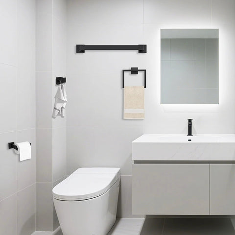 Modern bathroom with 5 Piece Matte Black Bathroom Hardware Set Featuring 15.7 Inch Towel Bar, Towel Ring, Toilet Paper Holder, and 2 Towel Hooks