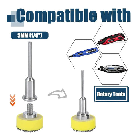 Check Out This Awesome 1 Inch Sanding Discs Kit with Pad Set For Rotary Tool Featuring Peel Switch Backing Plus Dust Venting Holes And Uniform Scratch Finish For Super Clean Work In Just Seconds, showing compatibility with various rotary tools.