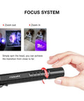 Pocket Size UV Black Light Flashlight With Zoomable 395 Nm Beam For Detecting Dog Urine And Dry Stains IPX5 Water Resistant Ultra Compact EDC Pen Light Powered By 2 AAA Batteries Great For Home Cleaning And Pet Proofing showing zoom focus system.