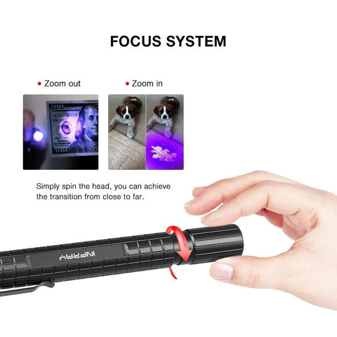 Pocket Size UV Black Light Flashlight With Zoomable 395 Nm Beam For Detecting Dog Urine And Dry Stains IPX5 Water Resistant Ultra Compact EDC Pen Light Powered By 2 AAA Batteries Great For Home Cleaning And Pet Proofing showing zoom focus system.