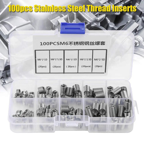 Cool M6 Threaded Insert Kit With 100pcs Stainless Steel Repair Parts For Stripped Screw Holes In Five Sizes Including Deep Threading Specs And A Tidy Divided Storage Box, open case