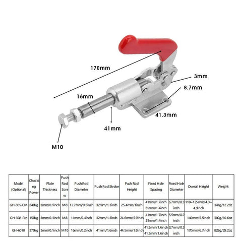 Push Pull Toggle Clamp For Welding And Woodworking Jigs And Fixtures Quick Pull Latch Stroke Clamp Durable Hand Tool For Pocket Hole Jigs DIY Projects And Fabrications Built For Reliable Effortless Clamping shown with dimensions and specifications chart