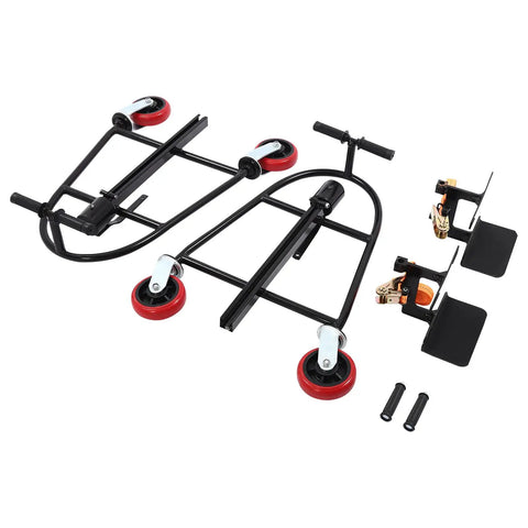 Heavy Duty Furniture Dollies With Tough Steel Core Rollers 1300 Lbs Capacity Machinery Movers angled view with red wheels and metal frame.