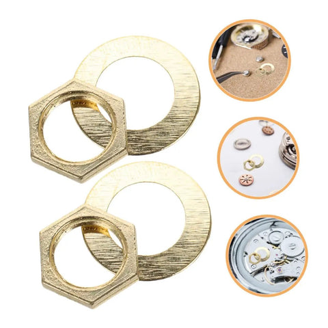 Closeup of Clock Movement Nut Set With Washers 14 Pcs Replacement Parts Kit showing gold nuts and washers for DIY clock repair.