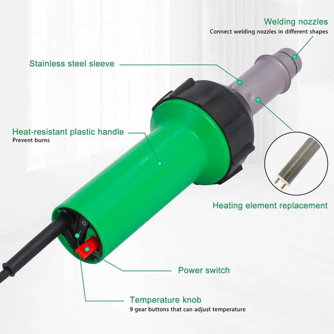 Close-up of 1600W Hot Air Plastic Welder Kit Pro Grade With Adjustable Temperature Control and Multiple Nozzles for PVC TPO Vinyl Repair