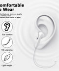Two Pack Premium USB C Wired Earbuds Featuring A Built In DAC Chip And Tangle Free Four Foot Cord For Smartphones That Play Legit Crystal Clear Audio Without Any Static Or Sketchy Buzzing, shown comfortably fitting in ear.