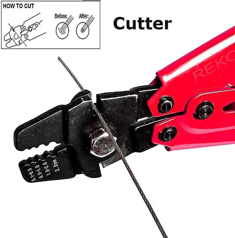 Wire Rope Crimping Tool Up To 2.2mm Swager Crimper cutting wire with close-up of cutter function and measurement guide.
