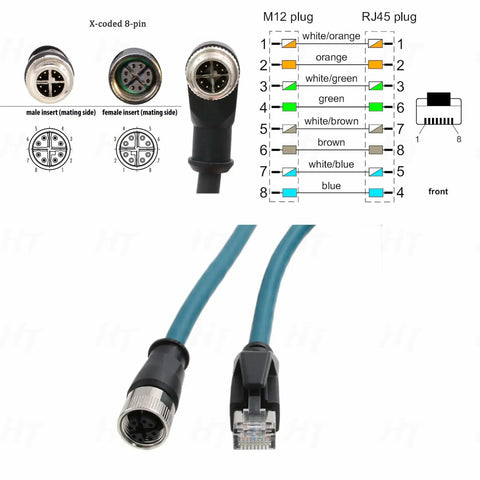 M12 X Coded 8 Pin Female To RJ45 Cat7e Heavy Duty Industrial Ethernet Cable 10Gbps 5M IP67 Waterproof with pin diagram