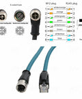 Rugged Industrial M12 X Code 8 Pin Female to RJ45 Cat7e Ethernet Cable 1m with wiring diagram and connectors, IP67 waterproof