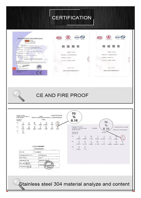 Certification documents for Heavy Duty Invisible Hinge For Wooden Doors, 100kg Load, Rust Resistant 304 Stainless Steel, CE and Fire Proof.