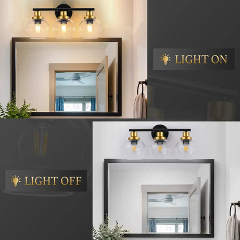 Three Light Bathroom Vanity Light With Clear Globe Shade, Black And Brass Modern Wall Sconces Over Mirror, 22 Inch Fixture On Off