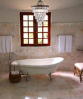 Crystal Chandelier in Farmhouse Bronze, 4 Light Hanging Pendant Fixture above elegant bathroom with bathtub.