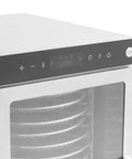Heavy Duty Commercial Food Dehydrator With 16 Stainless Steel Trays control panel showing touch buttons and timer display.