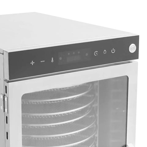 Heavy Duty Commercial Food Dehydrator With 16 Stainless Steel Trays control panel showing touch buttons and timer display.