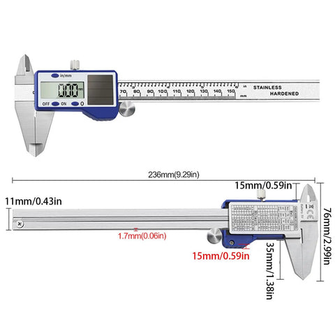 Steel Solar Digital Calipers 150mm Ranges high accuracy measurement tool with LCD display and stainless steel construction.