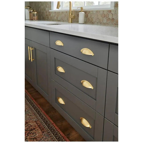 Premium Lyon Cabinet Pull With Brushed Oil Rubbed Bronze Finish Heavy Duty Pro Grade Drawer Handle on modern gray kitchen cabinets.