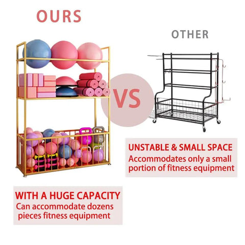 Comparison image of No Sweat Heavy Duty Metal Yoga Mat Storage Rack And Commercial Floor Standing Gym Organizer Shelf.