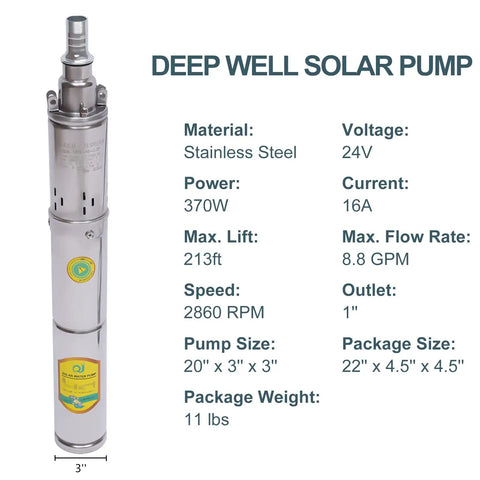Submersible Deep Well Solar Water Pump 24V 370W Stainless Steel details with specifications and product image