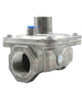 Propane gas pressure regulator, 3/4-in FNPT inlet/outlet, cast metal body with blue adjustment cap (front view)