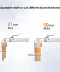 Heavy Duty Adjustable Drawer Clamp With One Touch Quick Release For No Sweat Cabinet Front Install showing adjustable board thicknesses 21mm and 50mm.
