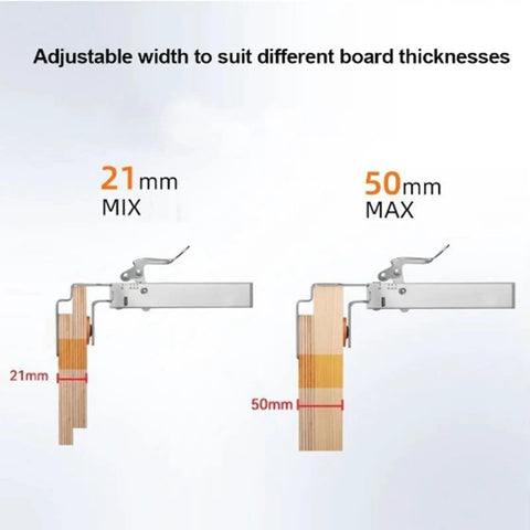 Heavy Duty Adjustable Drawer Clamp With One Touch Quick Release For No Sweat Cabinet Front Install showing adjustable board thicknesses 21mm and 50mm.
