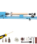 Mini wood lathe side view in blue with 11-inch turning capacity and wooden workpiece; includes turning tools.
