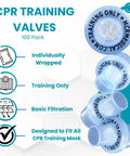 CPR training valves, 100-pack, front view; individually wrapped with basic filtration for CPR training masks