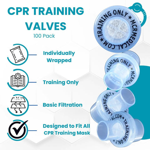 CPR training valves, 100-pack, front view; individually wrapped with basic filtration for CPR training masks