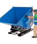 Heavy Duty Workhorse 3 Cubic Yard Self Dumping Forklift Hopper With Bump Release And 6000 Lb Capacity shown in use on construction site.