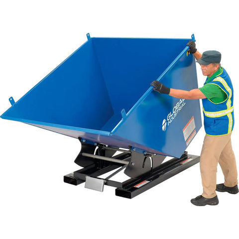 Heavy Duty Workhorse 3 Cubic Yard Self Dumping Forklift Hopper With Bump Release And 6000 Lb Capacity shown in use on construction site.