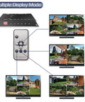 Diagram of 4 Channel Mini Car CCTV Quad Video Splitter And Processor Switcher with displays showing real-time quad view with remote.