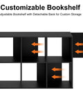 Customizable six cube storage organizer with removable back panels in deep black, display bookcase for living room or home office.
