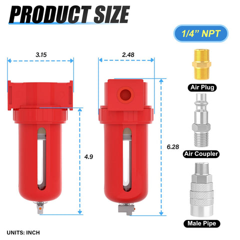 Aluminum Air Moisture Filter Desiccant Dryer for Air Compressor With Manual Drain One Quarter Inch NPT Ports Zero To One Hundred Forty Two PSI Eighty Eight CFM Delivers Dry Air For Plasma Cutters And Paint Sprayers
