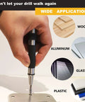 Hand using Two Pack Steel Automatic Center Punch with Adjustable Stroke for marking metal alongside wood, aluminum, glass, plastic examples