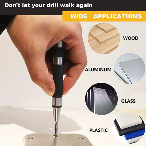 Hand using Two Pack Steel Automatic Center Punch with Adjustable Stroke for marking metal alongside wood, aluminum, glass, plastic examples