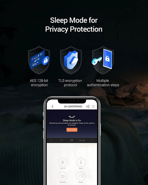 Privacy features on mobile app screen for 2K Plus Indoor Security Camera With 360 Degree Coverage, 4MP Night Vision, Auto Motion Tracking.