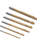 Twist drill bits set: six gold-tone serrated bits (3–8 mm) for grooving and chamfering wood and PVC boards.