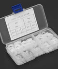 Grab And Go Nylon Washer Kit 350 Piece Flat Washer Set With Storage Box White Plastic Assortment For Fasteners Insulation Friction Reduction And Leak Prevention In 7 Sizes open box with labeled M2 to M8 washers