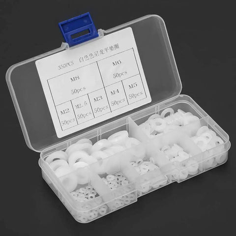 Grab And Go Nylon Washer Kit 350 Piece Flat Washer Set With Storage Box White Plastic Assortment For Fasteners Insulation Friction Reduction And Leak Prevention In 7 Sizes open box with labeled M2 to M8 washers